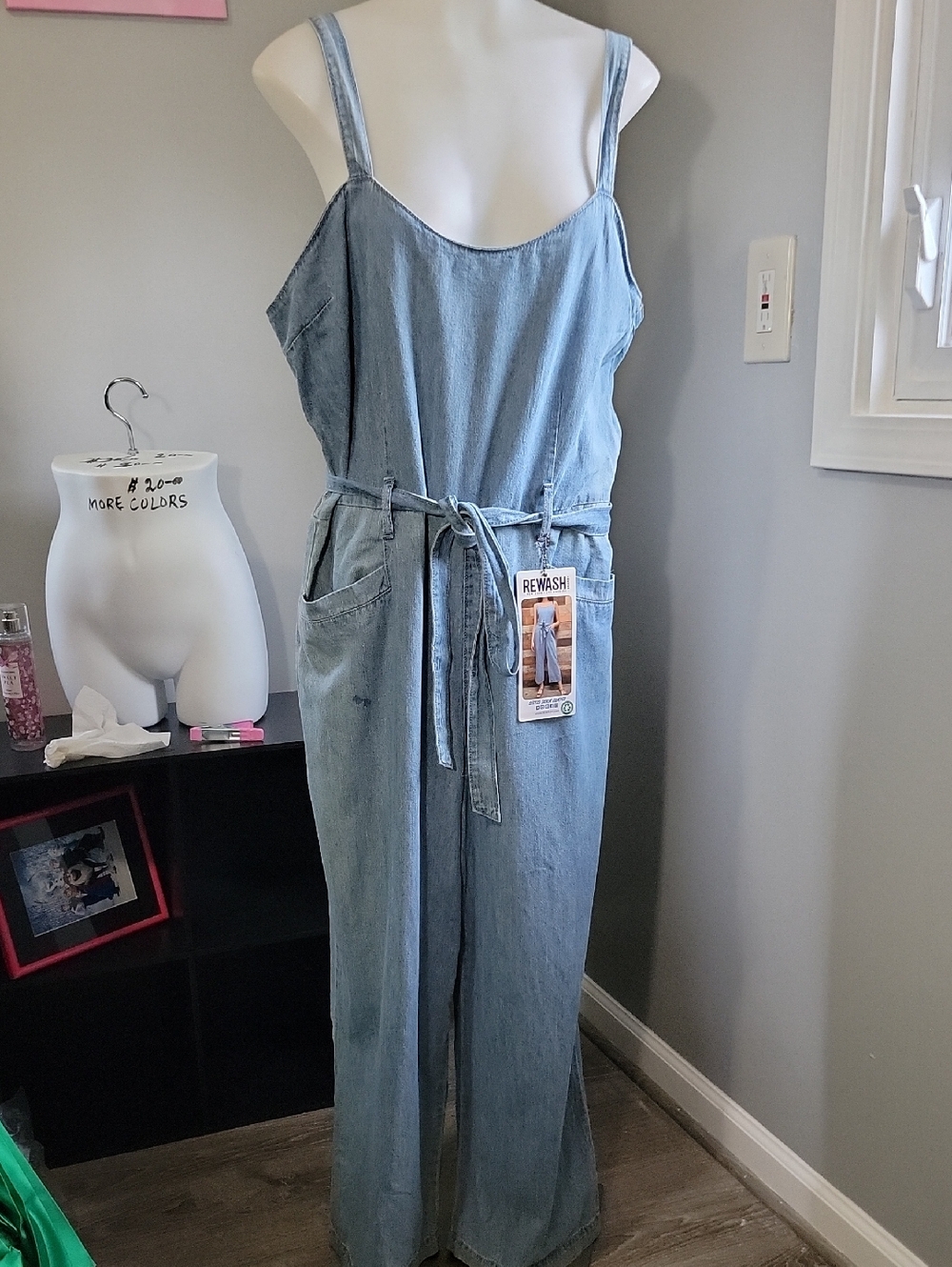 Rewash Light Blue Denim Tie-Waist Jumpsuit